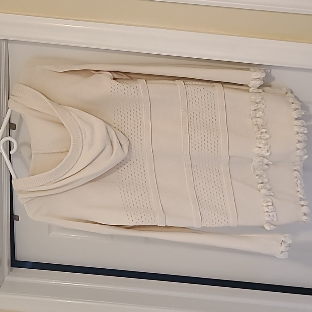 Tory Burch Women’s Baja Mixed Knit Hoodie Cream Tassel V Neck Pullover Sweater L - Picture 4 of 4